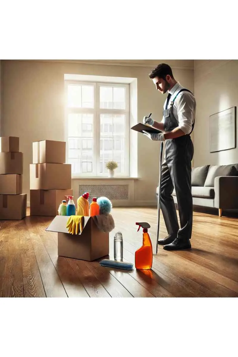 A professional cleaner in uniform cleaning an empty, freshly vacated apartment with polished hardwood floors, natural light from a window, and neatly arranged cleaning supplies, highlighting professional move cleaning services