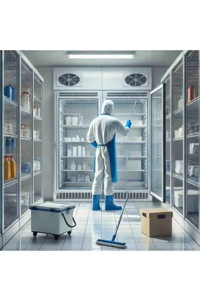 A professional cleaner in uniform cleaning the interior of a walk-in freezer with clean walls, shelves, and floors, and neatly arranged cleaning supplies, emphasizing efficiency and professionalism in cleaning services for laboratories