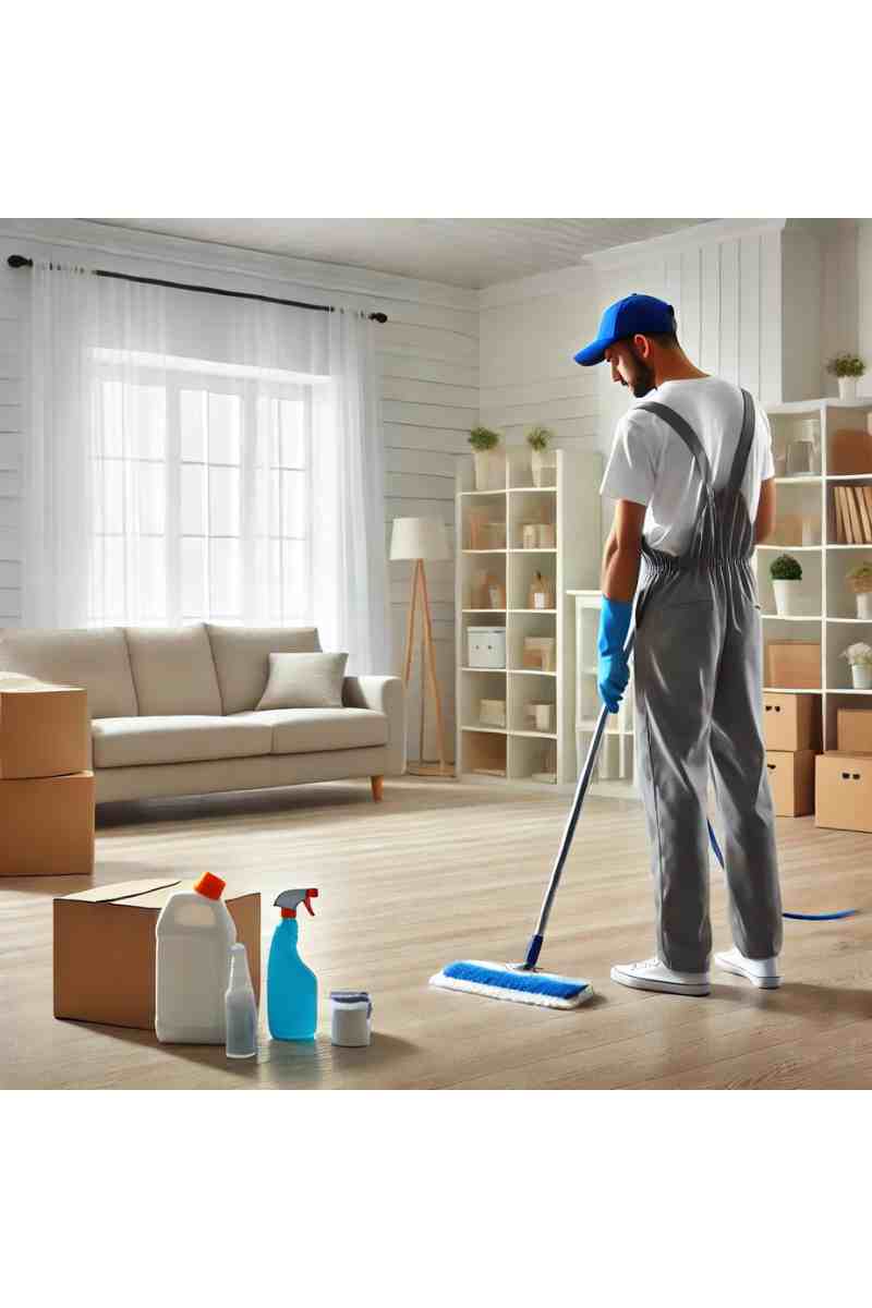 A professional cleaner in uniform cleaning an empty, bright living room with clean hardwood floors and dust-free shelves, highlighting moving house cleaning services