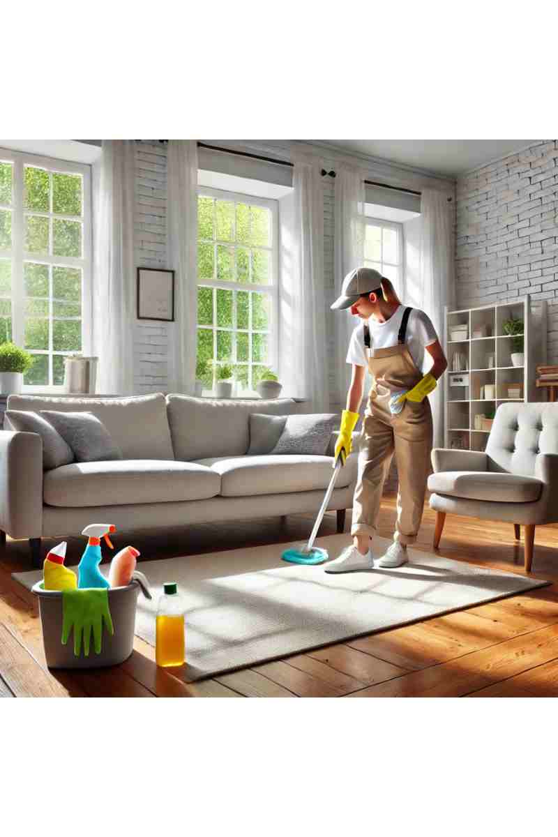 A professional cleaner in uniform tidying up a modern living room with a clean sofa, polished hardwood floors, and natural light streaming through windows, emphasizing professional home cleaning services.