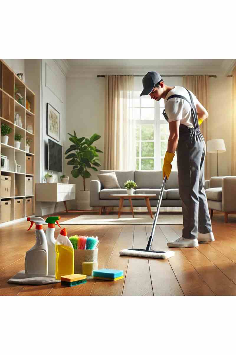 A professional cleaner in uniform cleaning a modern family home in Silver Spring, Maryland, featuring polished hardwood floors, natural light, and neatly arranged cleaning supplies, emphasizing reliable house cleaning services