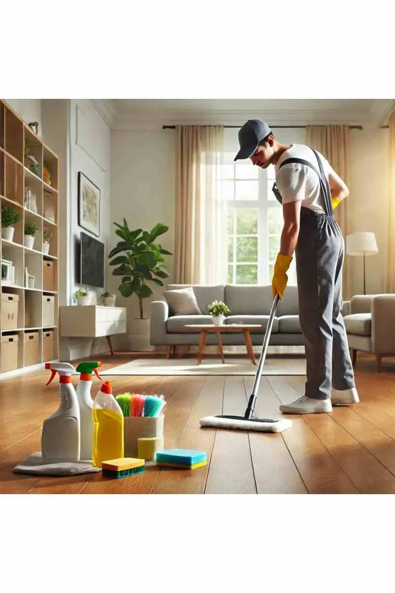 A professional cleaner in uniform cleaning a modern family home in Silver Spring, Maryland, featuring polished hardwood floors, natural light, and neatly arranged cleaning supplies, emphasizing reliable house cleaning services