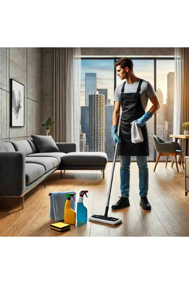 A professional cleaner in uniform tidying up a modern Chicago apartment with a sleek sofa, polished floors, and large windows offering a cityscape view, showcasing professional cleaning services in the Chicago area
