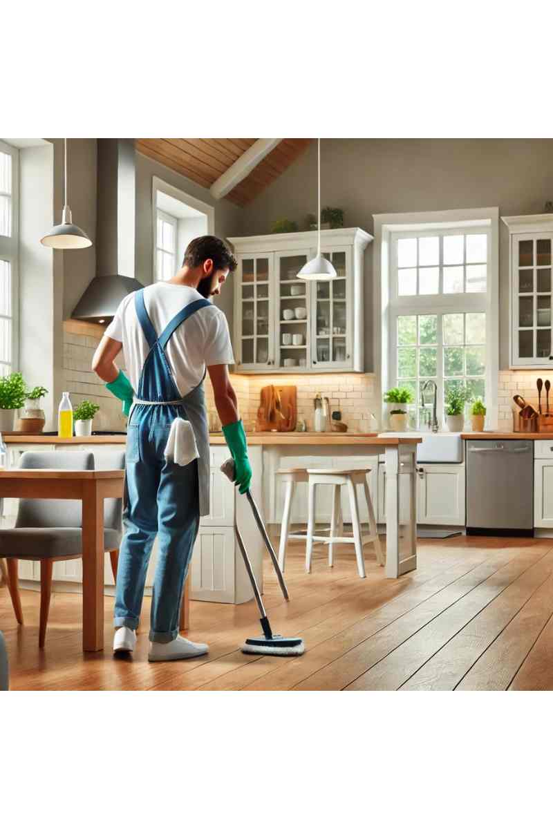 A professional cleaner in uniform working in a modern home in Silver Spring, MD, with clean hardwood floors, a polished kitchen counter, and natural light streaming through windows, highlighting eco-friendly and professional house cleaning services