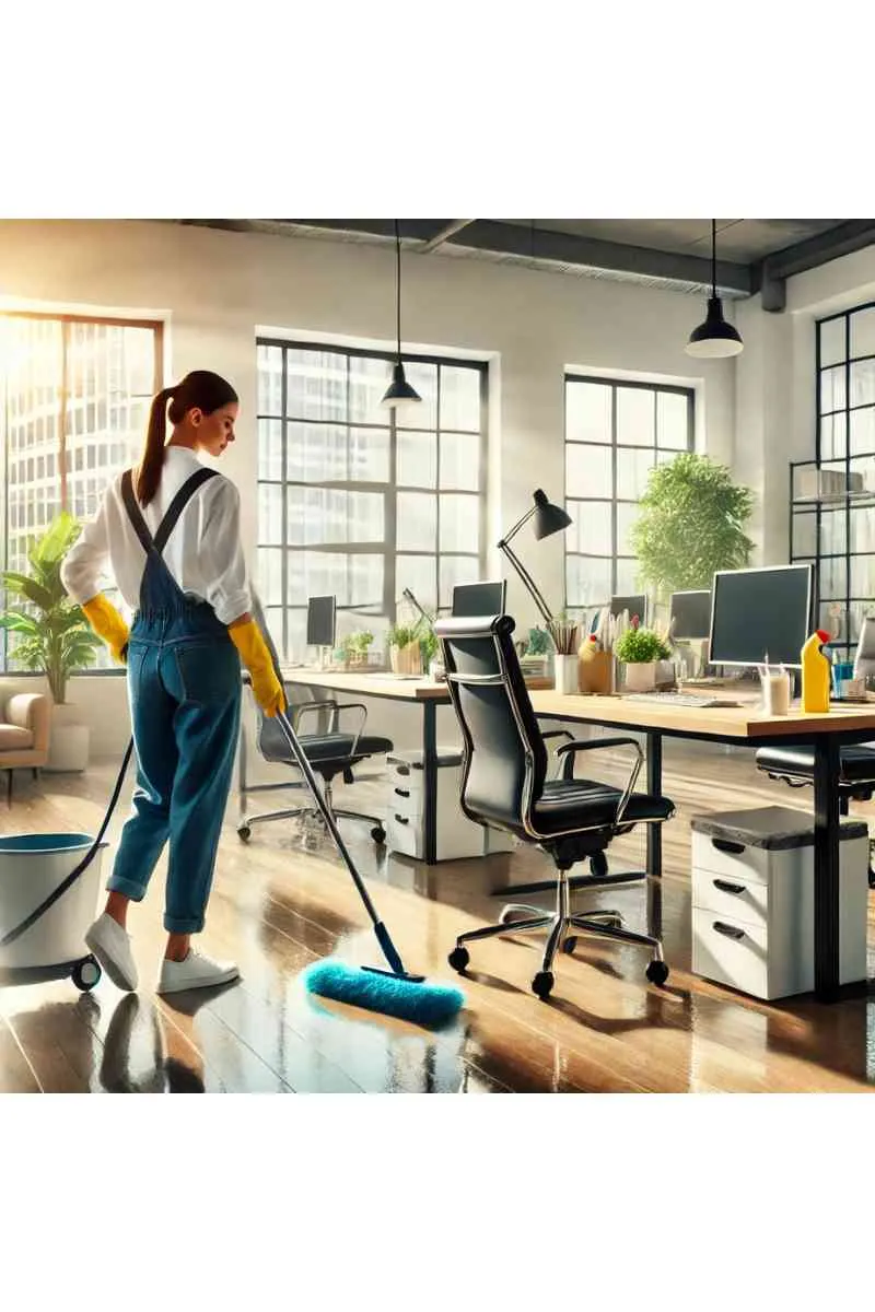 A professional cleaner in uniform cleaning a bright, modern office space with polished desks, organized chairs, and natural light, emphasizing the reliability of cleaning companies for residential and commercial services