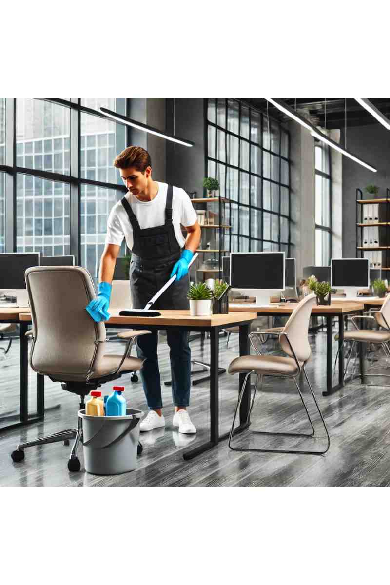 A professional cleaner in uniform working in a modern office environment, polishing desks and surfaces with clean floors and organized chairs, emphasizing professional cleaning companies for residential and commercial spaces