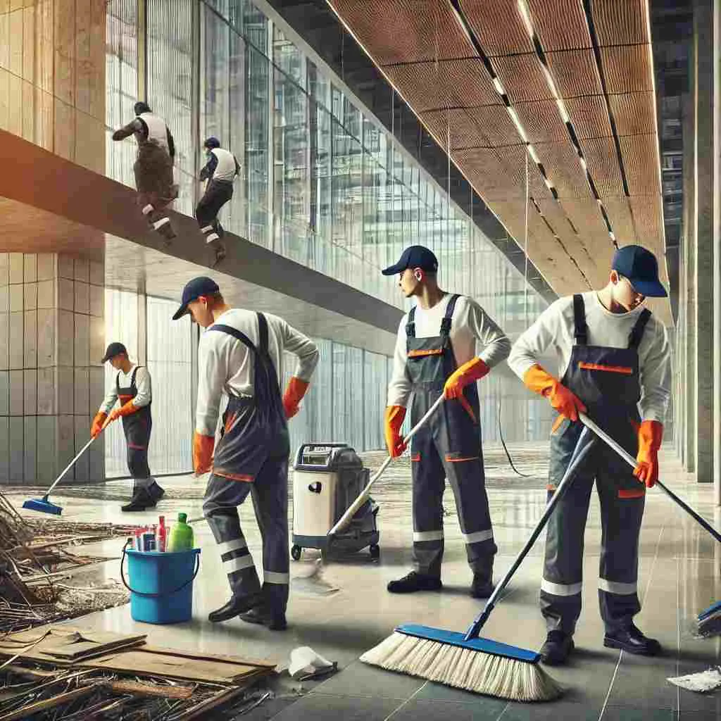 A professional cleaning team in uniforms working on a construction site clean-up, dusting walls, sweeping floors, and disposing of debris in a modern, under-construction space, emphasizing professionalism in post-construction cleaning services