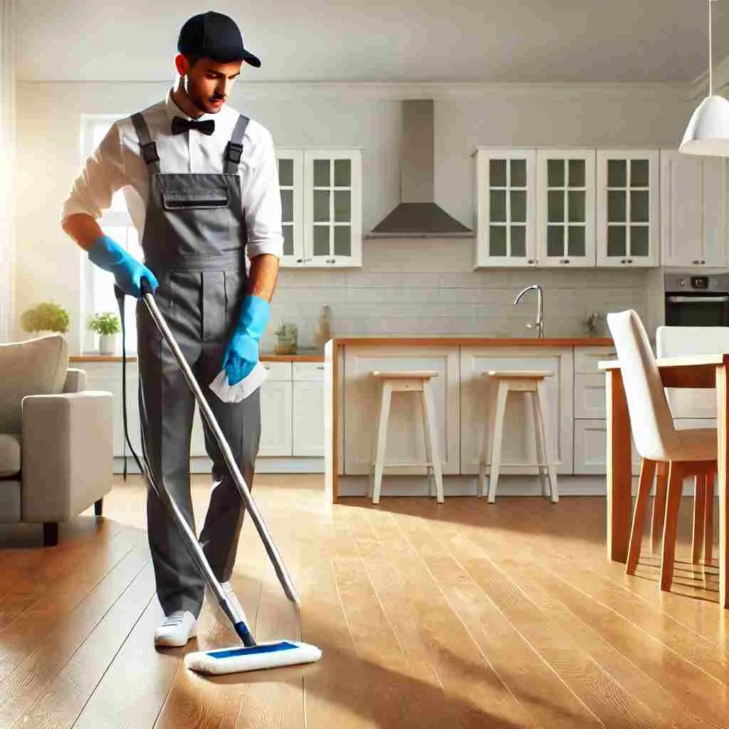 A professional cleaner in uniform deep cleaning an empty home after a move-out, with polished hardwood floors and spotless kitchen counters, emphasizing professional move-in and move-out cleaning services