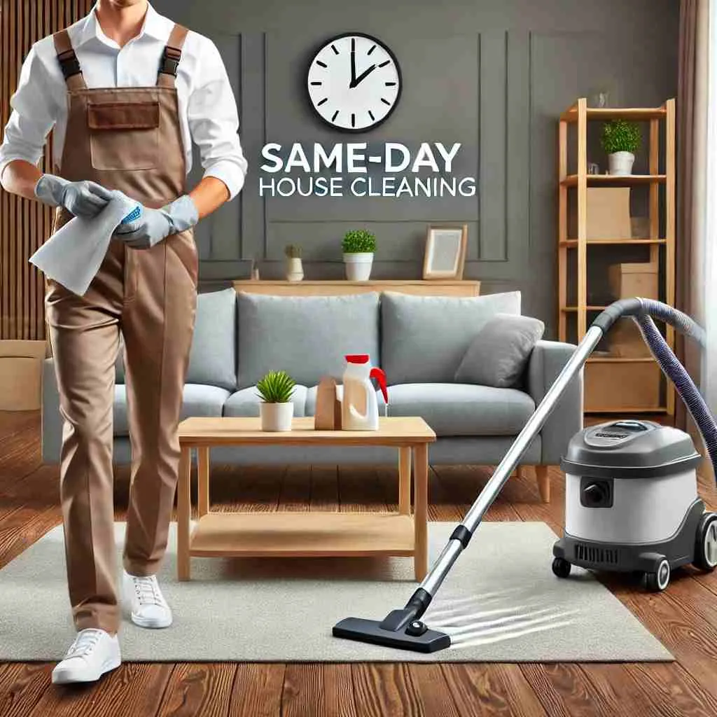 A professional cleaner in uniform tidying up a modern living room with a vacuum and cleaning supplies, highlighting fast and efficient same-day house cleaning services