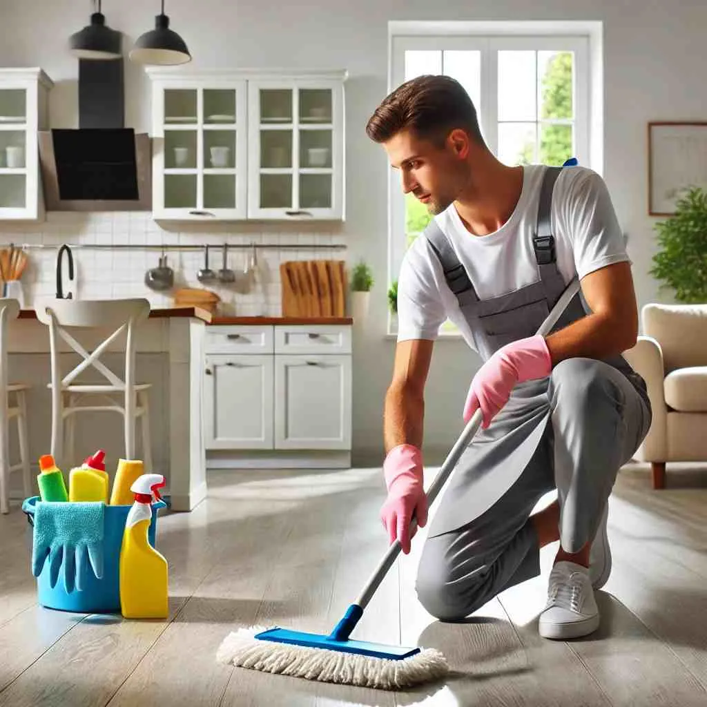 A professional cleaner in uniform wiping down kitchen surfaces in an empty apartment after a move-out, with cleaning supplies and a mop, highlighting budget-friendly and efficient move-out cleaning services