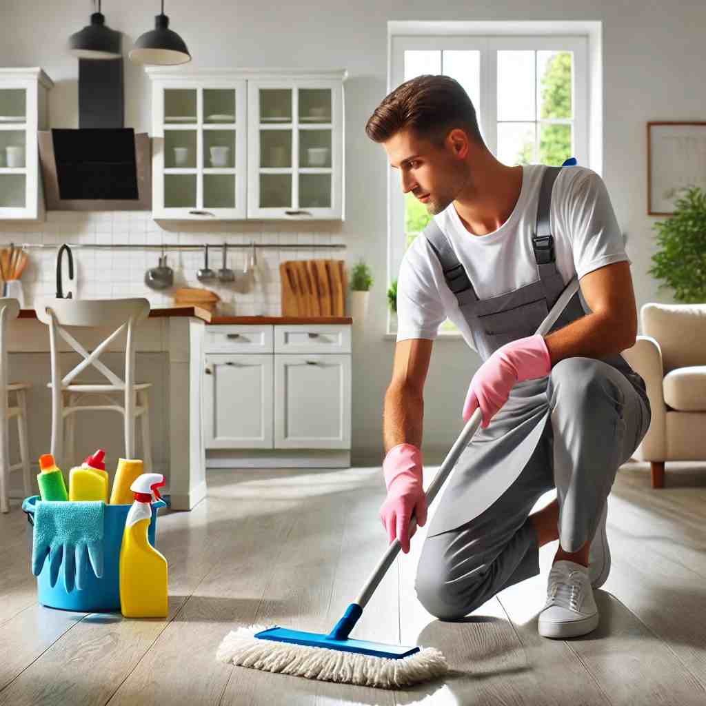 A professional cleaner in uniform wiping down kitchen surfaces in an empty apartment after a move-out, with cleaning supplies and a mop, highlighting budget-friendly and efficient move-out cleaning services