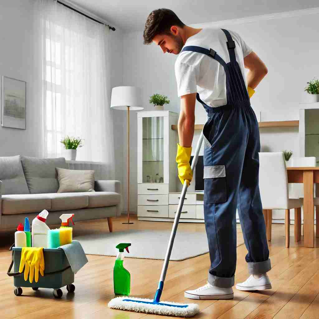 A professional cleaner in uniform cleaning an empty apartment after a move-out, using a mop and cleaning supplies in a bright, freshly cleaned living room, highlighting affordable and efficient move-out cleaning services