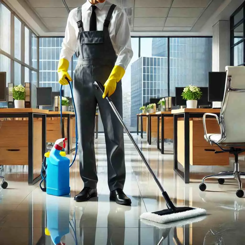 A professional commercial cleaner in uniform disinfecting an office space, with desks, chairs, and a polished floor, highlighting high-quality business and office cleaning services