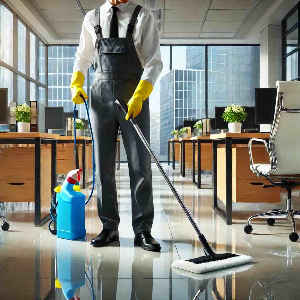 A professional commercial cleaner in uniform disinfecting an office space, with desks, chairs, and a polished floor, highlighting high-quality business and office cleaning services