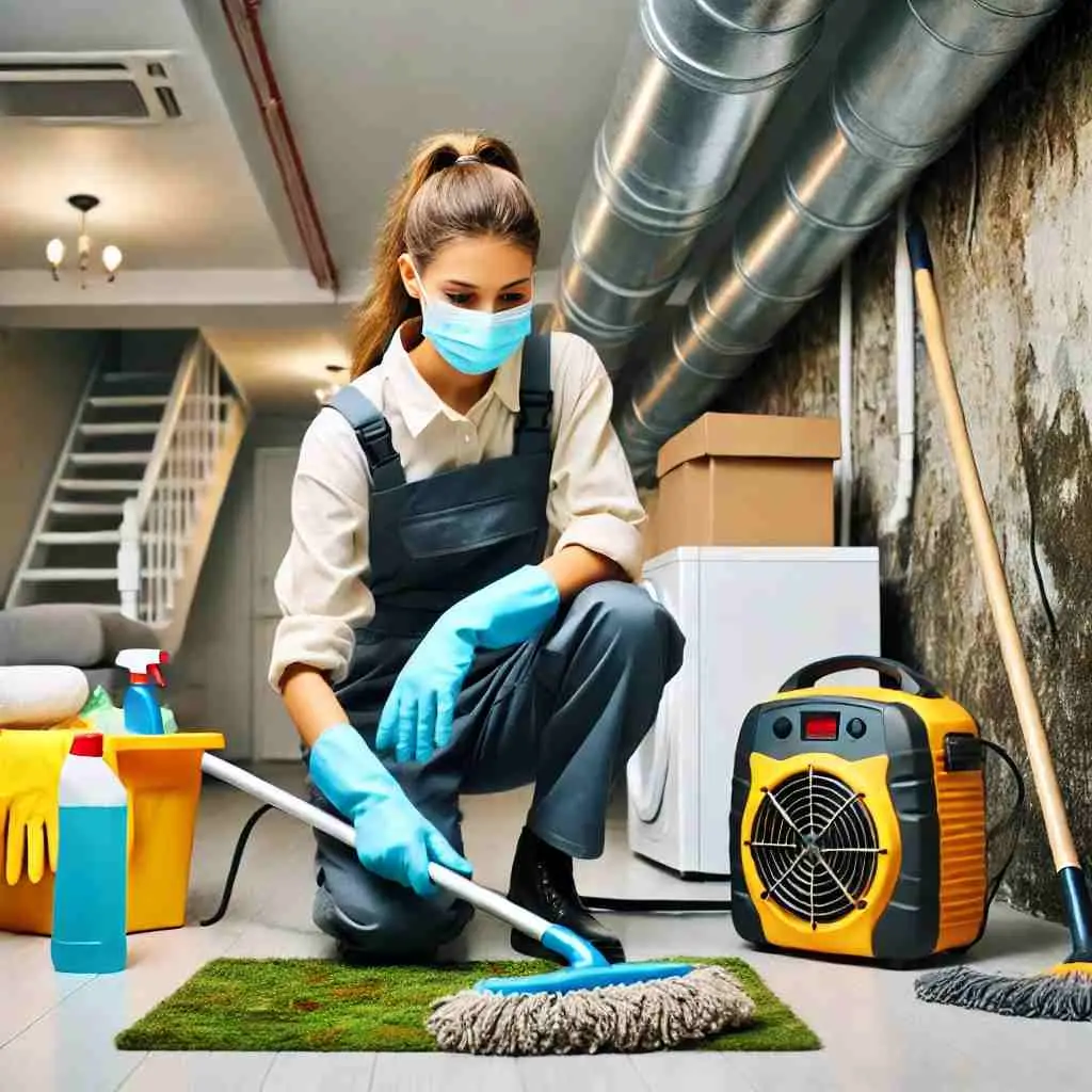 A professional cleaner wearing gloves and a mask deep cleaning a basement with cleaning supplies, a mop, and a dehumidifier, highlighting basement sanitization and mold removal
