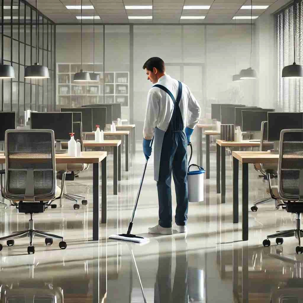 A professional commercial cleaner in uniform disinfecting a modern office space with desks, chairs, and a polished floor, emphasizing high-quality business and office cleaning services