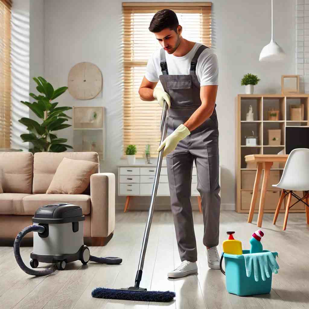 A professional cleaner in uniform deep cleaning an empty apartment after a move-out, using a mop, vacuum, and cleaning supplies to emphasize efficient and reliable moving clean services