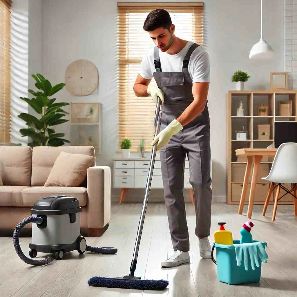 A professional cleaner in uniform deep cleaning an empty apartment after a move-out, using a mop, vacuum, and cleaning supplies to emphasize efficient and reliable moving clean services