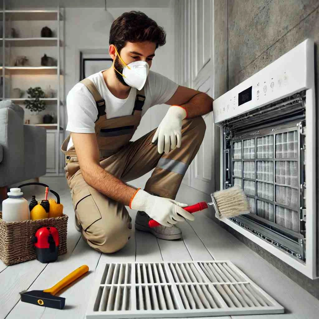 A professional HVAC technician wearing gloves and a mask cleaning an air vent in a modern home, emphasizing improved air quality and allergy reduction