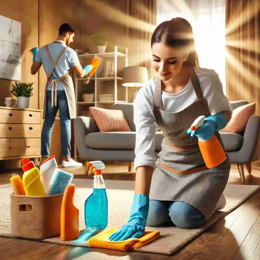 A professional house cleaner in uniform tidying up a cozy and well-lit living room, using a dusting cloth and spray bottle, with cleaning supplies neatly arranged, emphasizing high-quality and reliable house call cleaning services
