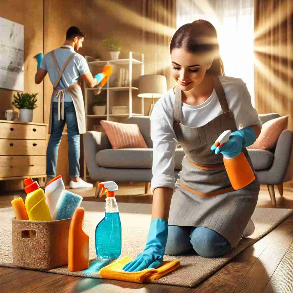 A professional house cleaner in uniform tidying up a cozy and well-lit living room, using a dusting cloth and spray bottle, with cleaning supplies neatly arranged, emphasizing high-quality and reliable house call cleaning services