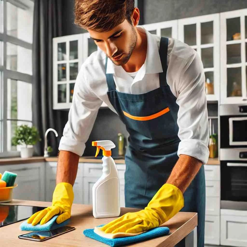 A professional house cleaner in uniform tidying up a modern home, wiping down a kitchen counter with a spray bottle and cloth, with cleaning supplies visible, emphasizing high-quality and reliable home cleaning services