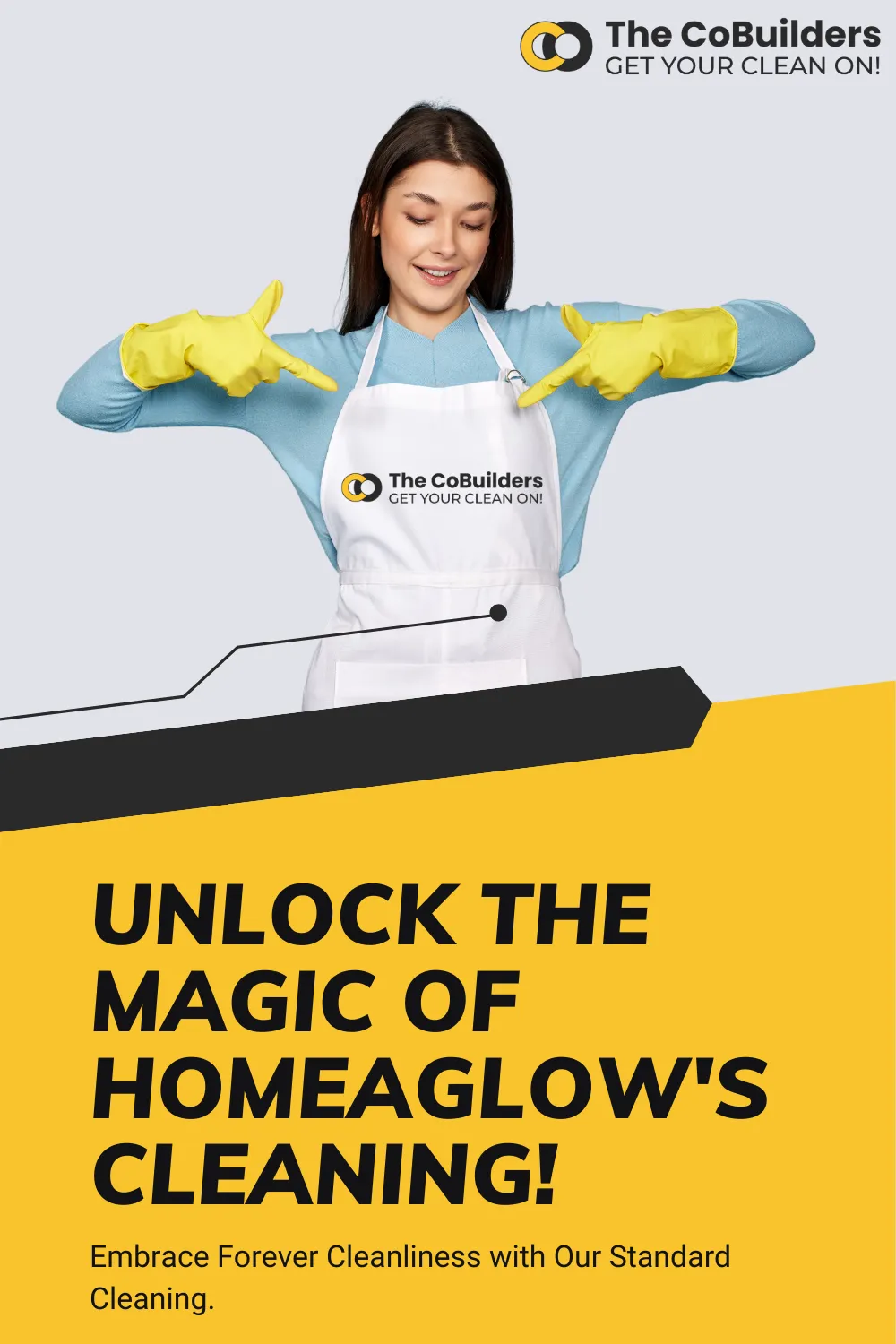 a female house cleaner showing off the logo on her apron
