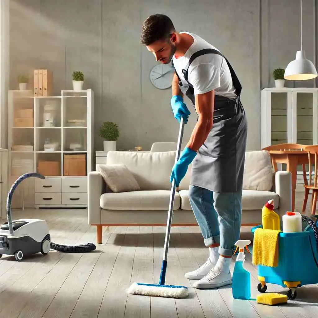 A professional cleaner in uniform deep cleaning an empty apartment after a move-out, using a mop, vacuum, and cleaning supplies to emphasize efficient and reliable moving clean services