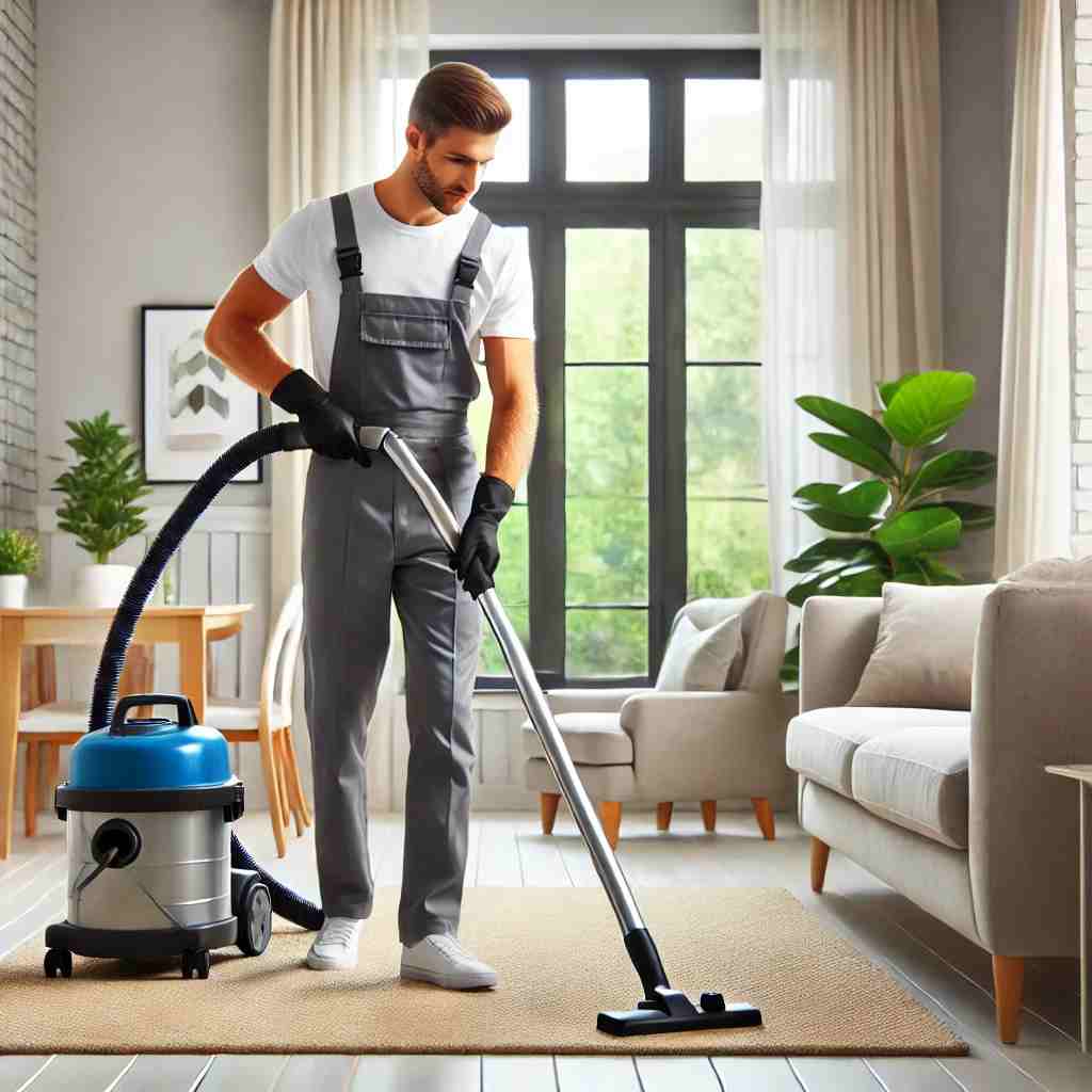 A professional house cleaner in uniform vacuuming a modern living room with natural lighting, emphasizing professional and reliable home cleaning services in Spring, TX