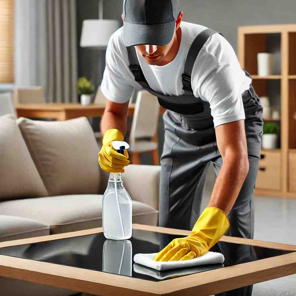 A professional house cleaner in uniform dusting a coffee table