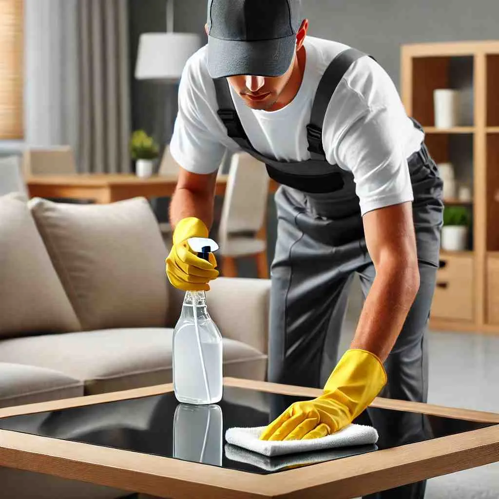A professional house cleaner in uniform dusting a coffee table