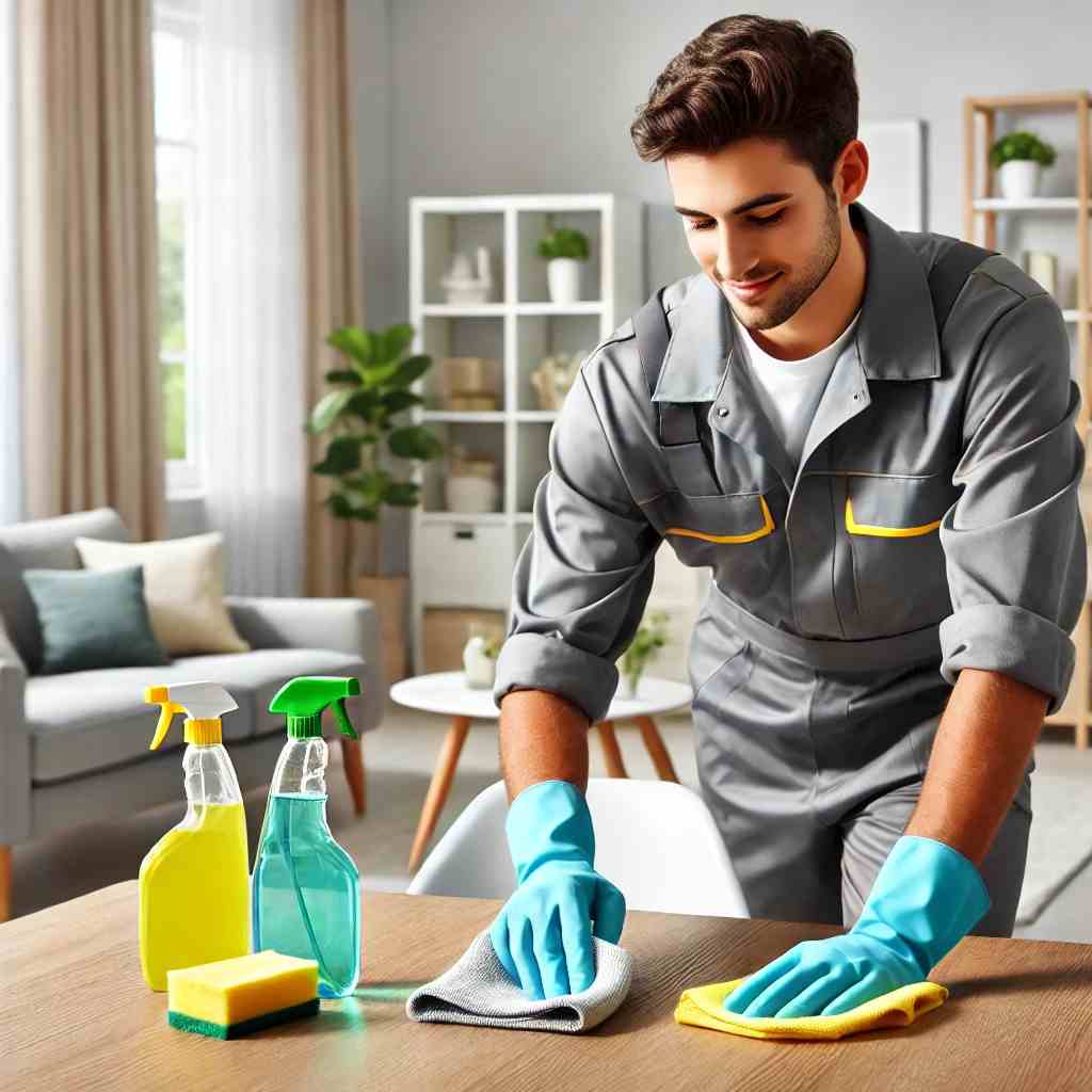 A professional house cleaner in uniform wiping down a dining table in a bright, modern home, with cleaning supplies neatly arranged, emphasizing high-quality home cleaning services