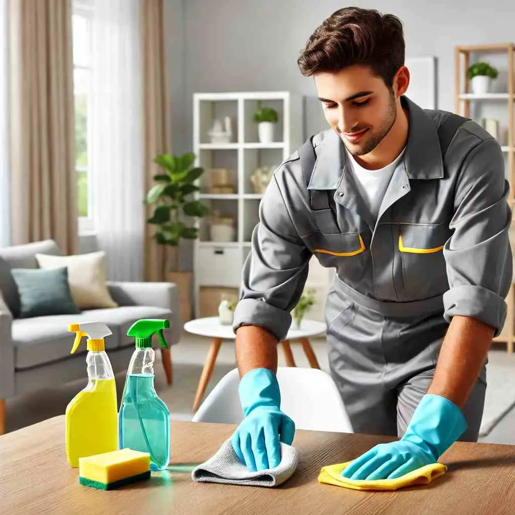 A professional house cleaner in uniform wiping down a dining table in a bright, modern home, with cleaning supplies neatly arranged, emphasizing high-quality home cleaning services