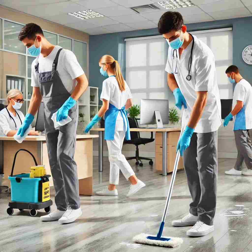 A professional janitorial team cleaning a medical office, wiping down surfaces, mopping floors, and sanitizing high-touch areas in a well-lit healthcare setting