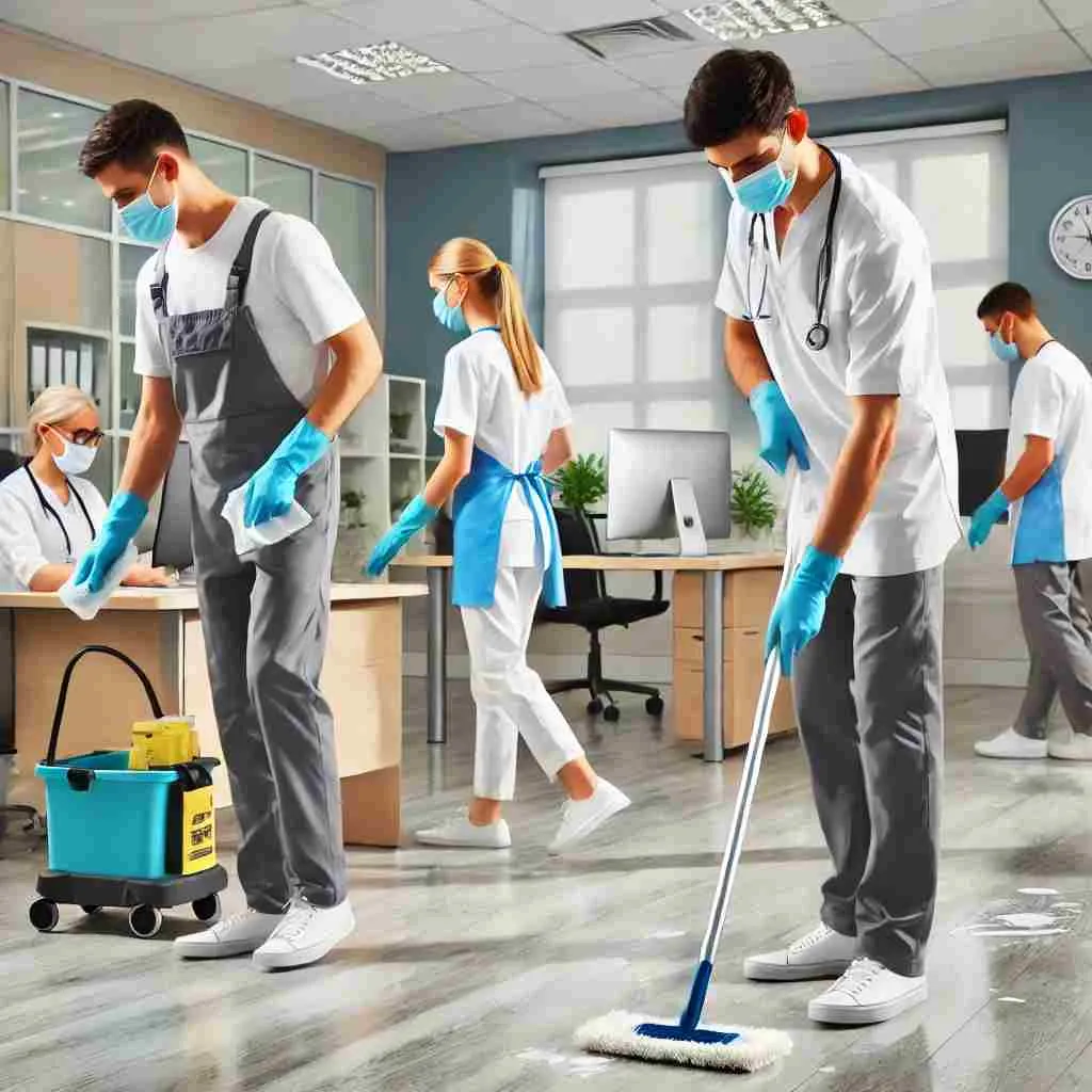 A professional janitorial team cleaning a medical office, wiping down surfaces, mopping floors, and sanitizing high-touch areas in a well-lit healthcare setting