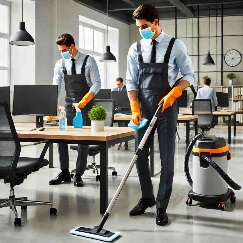 A professional janitorial team cleaning a modern office space, vacuuming, wiping desks, and sanitizing high-touch areas in a well-lit corporate environment, emphasizing high-quality commercial cleaning services