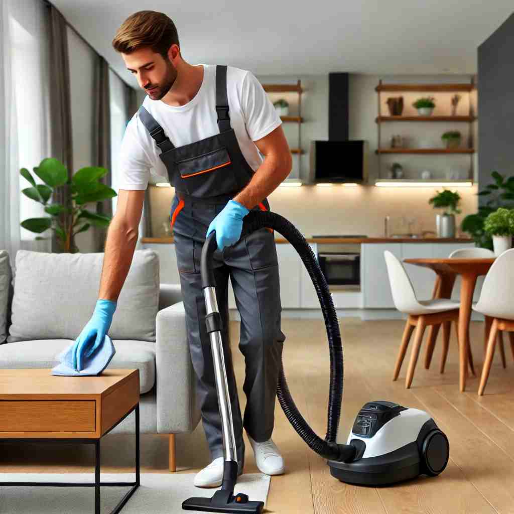 A professional cleaner in uniform vacuuming a modern living room while wiping down a coffee table, emphasizing high-quality house cleaning services