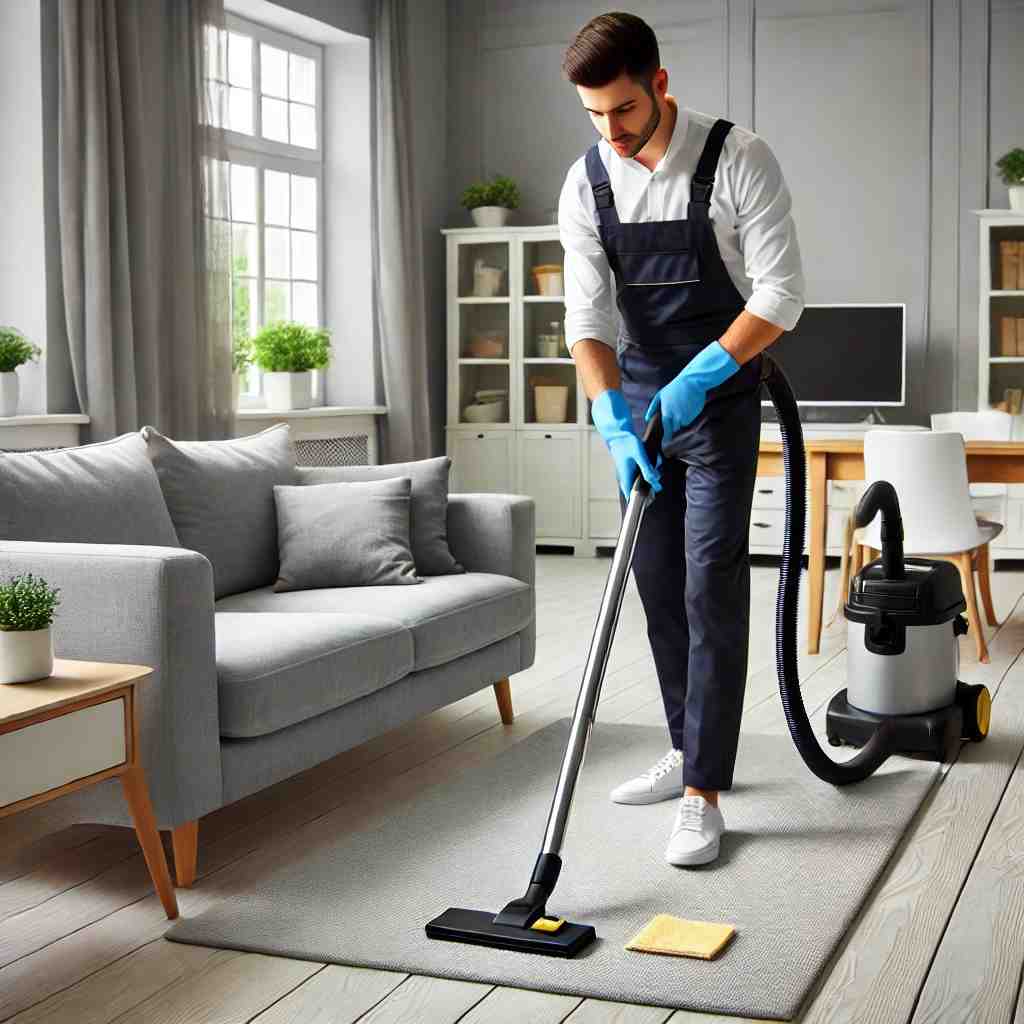 A professional house cleaner in uniform vacuuming a modern living room while wiping down a coffee table, emphasizing high-quality house cleaning services