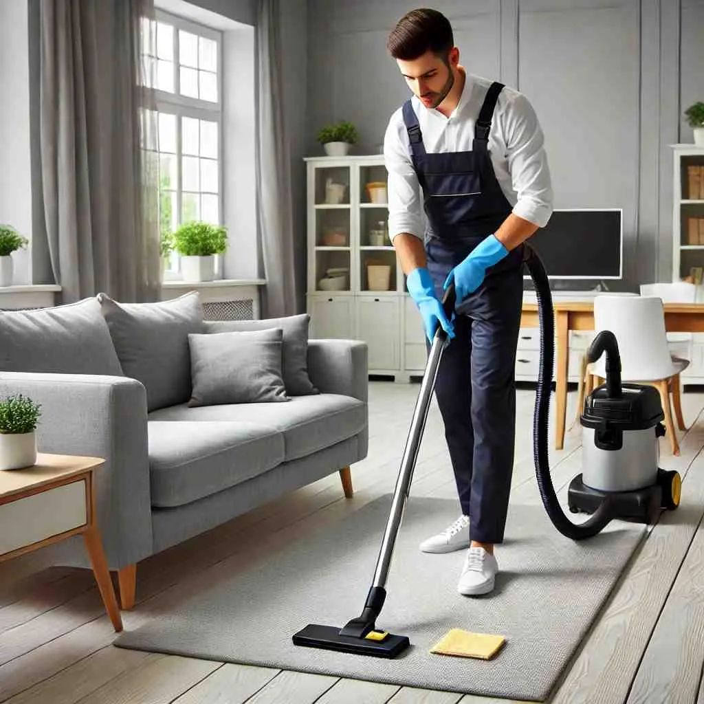 A professional house cleaner in uniform vacuuming a modern living room while wiping down a coffee table, emphasizing high-quality house cleaning services