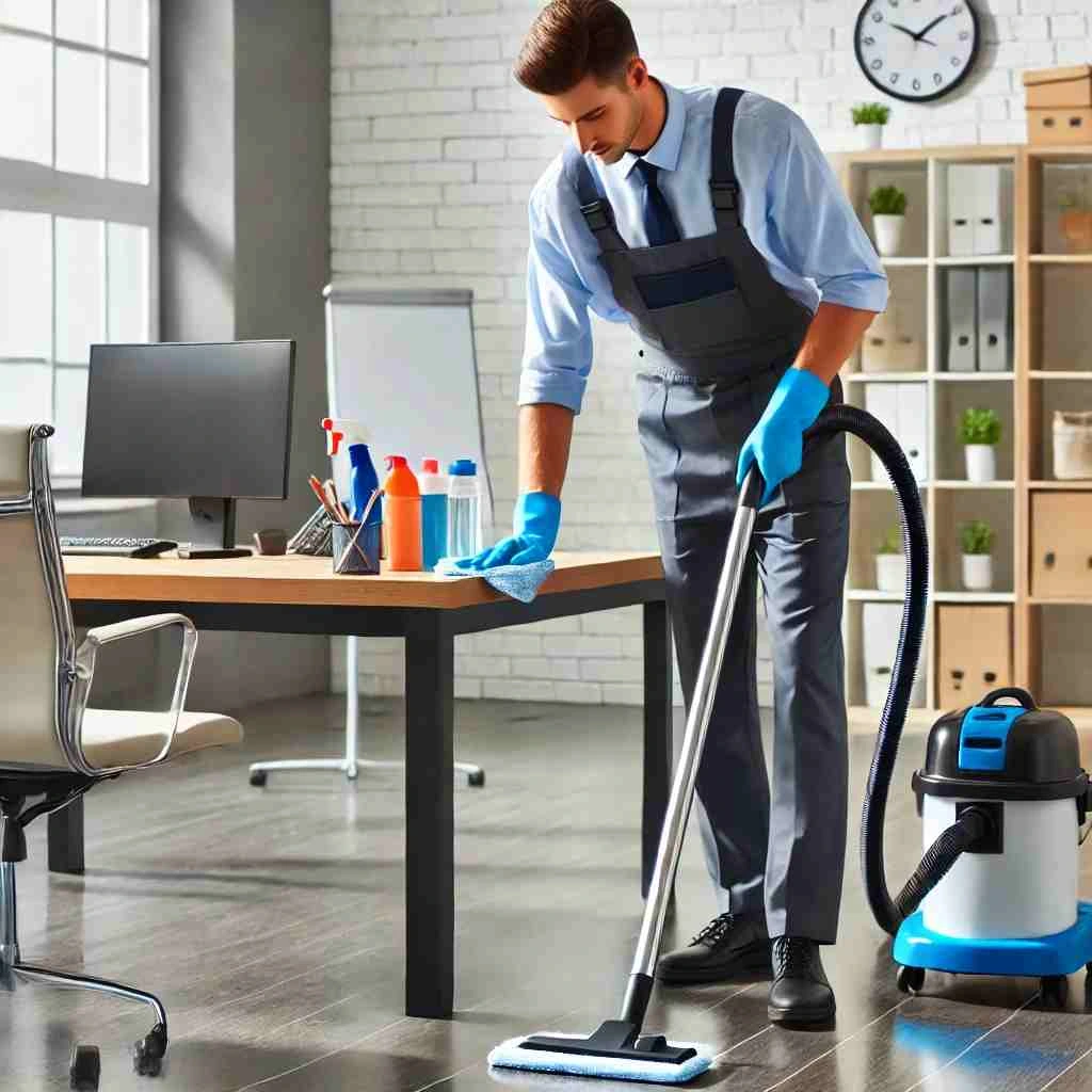 A professional janitor in uniform vacuuming the floor while wiping down a desk in an office space, with cleaning supplies neatly arranged, emphasizing high-quality and reliable janitorial services