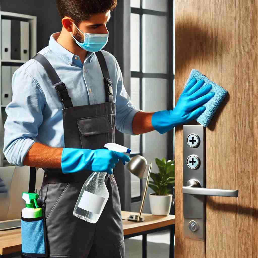 A professional cleaner in uniform disinfecting a door handle in an office setting using a spray bottle and microfiber cloth, with cleaning supplies neatly arranged in the background, emphasizing hygiene and workplace safety
