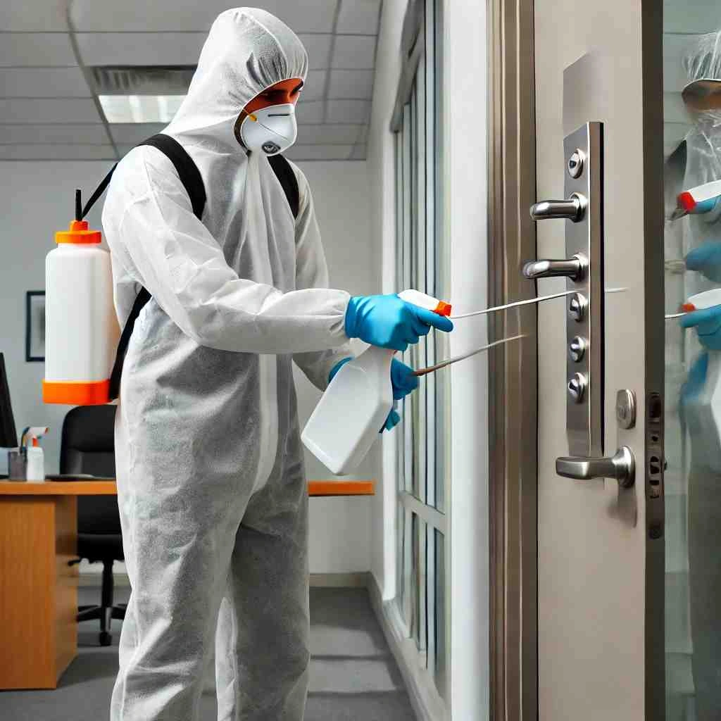 Professional janitorial worker wearing PPE disinfecting a high-touch doorknob in a Texas office to prevent measles transmission