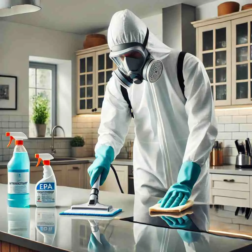 Professional cleaner in PPE disinfecting a high-touch kitchen counter to prevent bird flu transmission in a modern home