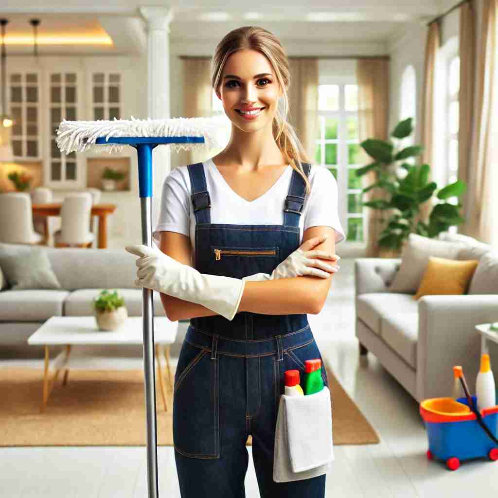Independent cleaning professional smiling in a modern, spotless home, representing entrepreneurship and a successful cleaning business.