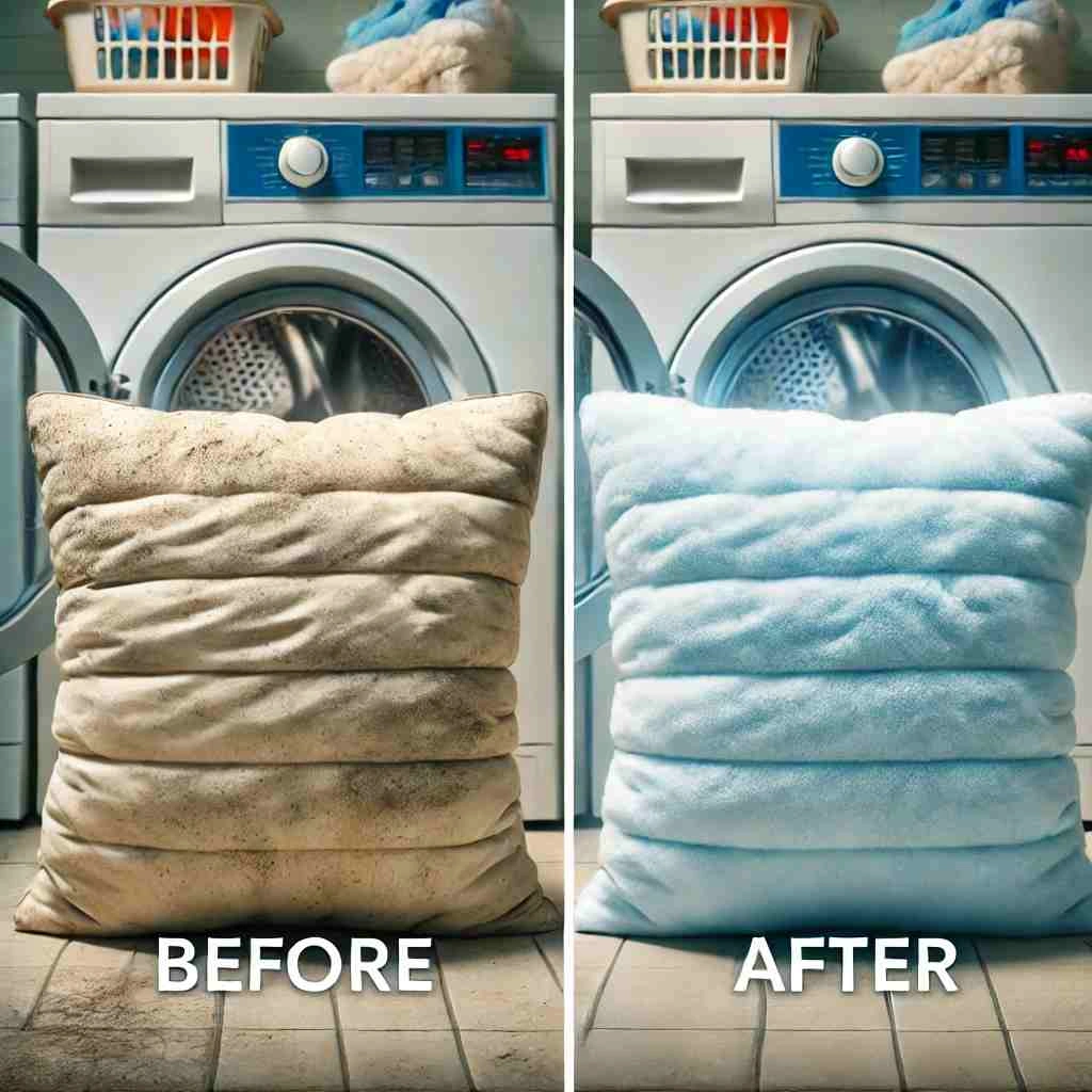 Side-by-side comparison of a dirty, stained pillow before washing and a bright, clean, and fluffy pillow after washing in a laundry room setting