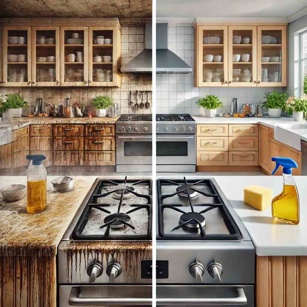 Side-by-side comparison of a kitchen before and after deep cleaning, showing a greasy, stained stovetop versus a spotless, shiny cooking space