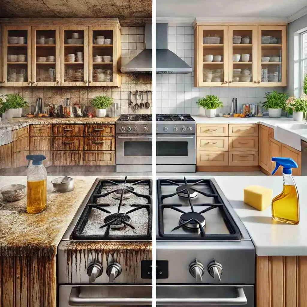 Side-by-side comparison of a kitchen before and after deep cleaning, showing a greasy, stained stovetop versus a spotless, shiny cooking space