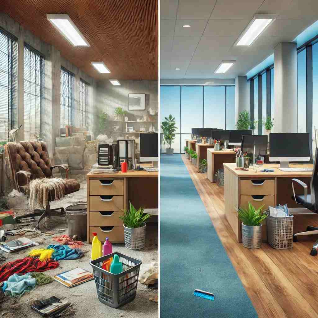 Side-by-side comparison of an office space before and after professional janitorial cleaning, showing a cluttered desk versus a spotless, organized workspace
