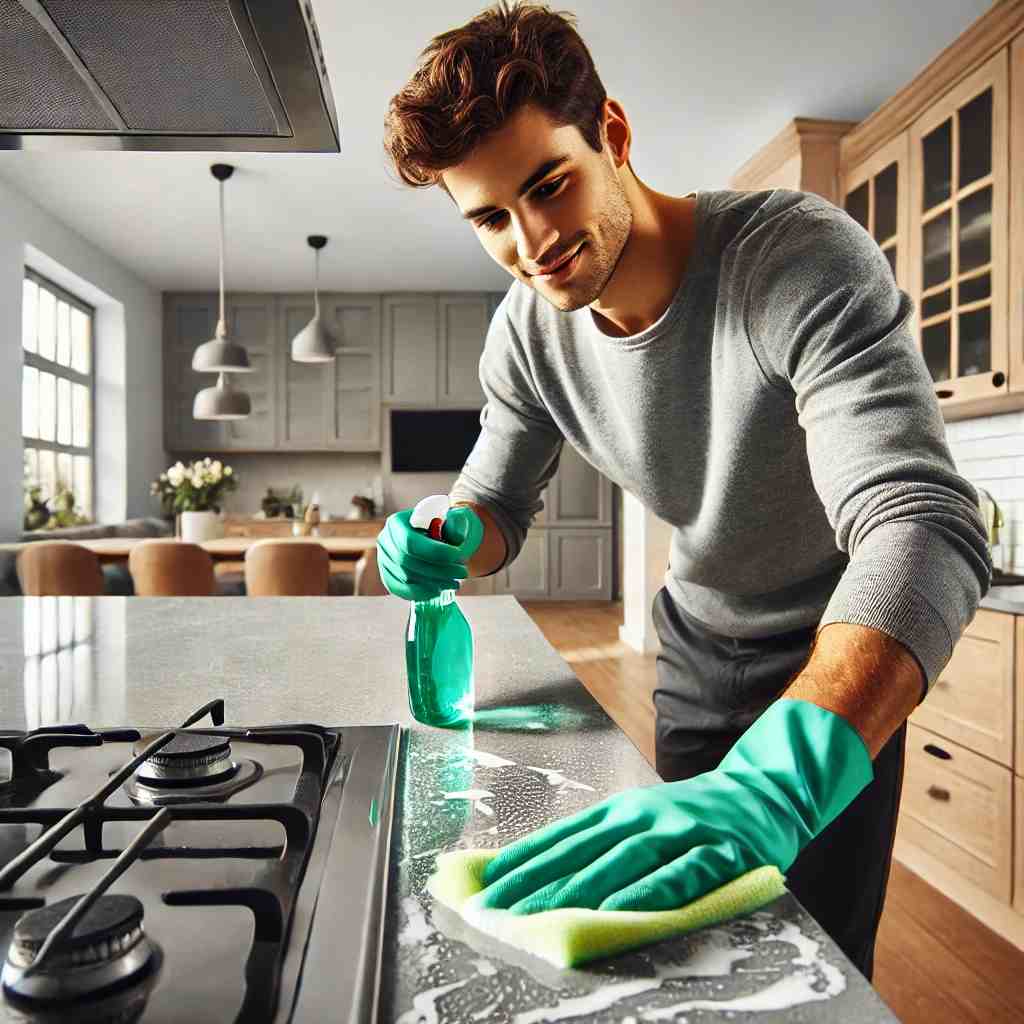 Professional cleaner wiping down kitchen counters and scrubbing the stove during a move-out cleaning service in a Tampa home