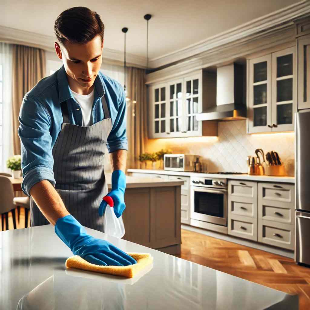 Professional cleaner sanitizing kitchen counters and appliances in an empty home before move-in, ensuring a spotless and fresh start for new occupants